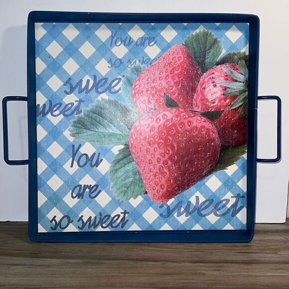 Other - Metal Tray Strawberry Serving Blue Handles Decorative 13” X 13” Country Cottage